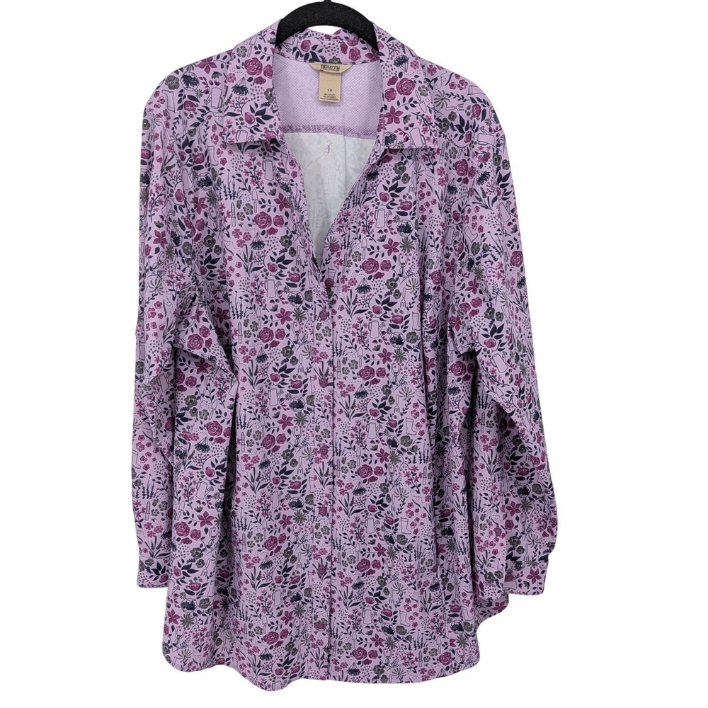 Duluth Trading Co Button Up Shirt Women Plus 1X Purple Garden Floral Breathable